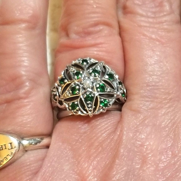 Vintage Jewelry - Art Deco Revival Chrome Diopside Seed Pearl Ring